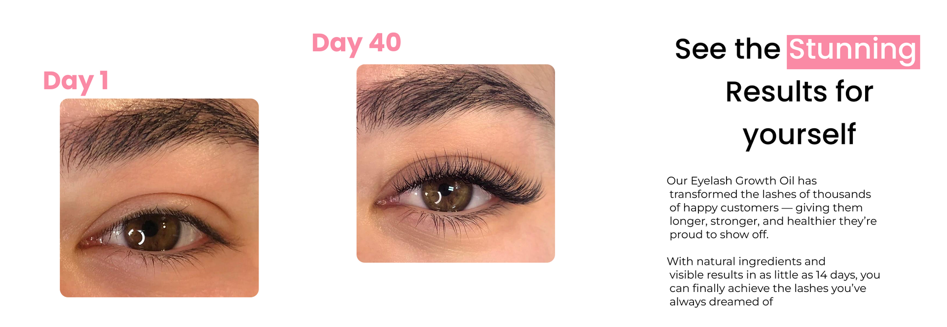 Eyelash growth serum results day 1 vs day 40 - visible lash transformation Skale Cosmetics